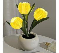 Luz nocturna de tulipán recargable con cuerpo de cerámica y parte superior floral de poliuretano para una iluminación sutil en cualquier habitación (amarillo)
