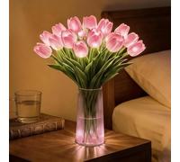 Luz nocturna LED en forma de tulipán, luz romántica parpadeante de tulipán, 15 unidades de luces de hadas con flores artificiales con brillo cálido y suave, tallos flexibles para decorac pink No vase