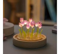 Luz nocturna romántica de tulipán con pétalos de cristal y base de madera, crea un brillo suave para dormitorio o escritorio, para niñas y mujeres (10 moradas)