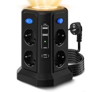 Luz Nocturna Torre Regletas Enchufes con Cable 3M & Carga Rápida PD20W, 4000W/16A Regleta Enchufe Proteccion Sobretension, 4 Puertos USB y 8 Enchufes, 4 Interruptores Individuales para Oficia, Casa