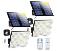 Luz Solar con Sensor de Movimiento, Foco Exterior con Control Remoto 2000mAh 3 Modos IP65 Impermeable, Luces Led para Jardín, Lámpara Solar con Cable de 5M, 2 Piezas
