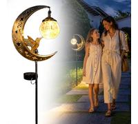 Luz solar de estaca de jardín con forma de luna de colibrí, media luna, luces solares de colibrí para exteriores, resistente a la intemperie, globo de vidrio agrietado, estaca de metal decorativa
