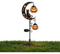 Luz solar de Halloween con diseño de gato negro y luna de calabaza, decoración LED impermeable para patio con luna creciente, linterna colgante para jardín, patio, pasarela, porche, color negro
