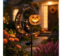 Luz solar de Halloween con forma de gato negro y calabaza y luna para | Luz solar de calabaza de gato negro, luna de metal impermeable con farol de calabaza colgante para jardín, patio, pasarela