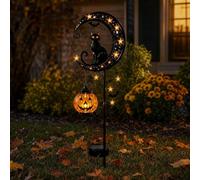 Luz solar de metal para Halloween, gato, calabaza, luna, jardín, estaca de | Gatos negros solares impermeables en luna creciente con linterna de calabaza colgante, decoración de Halloween