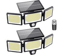 Luz Solar Exterior con Sensor de Movimiento para Jardín 304 LEDs 3 Modos Foco Solar Exterior con Control Remoto, IP65 Impermeable,Iluminación gran Angular Solar Iluminación de Pared, 2 Pieza