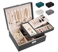LUZOON Joyeros Mujer Organizador, 2 Capas Caja de Joyería Organizador Joyas Cuero PU, Grande Caja Joyero Niña para Anillos, Pendientes, Collares, con Cerradura (Gris)