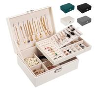 LUZOON Joyeros Mujer Organizador, 2 Capas Caja de Joyería Organizador Joyas Cuero PU, Grande Caja Joyero Niña para Anillos, Pendientes, Collares, con Cerradura-Blanco