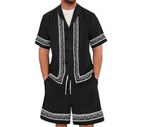 LUZOUCHE Lounge Set Herren Freizeitanzug Sommer Strandanzug für Urlaub Lässig Sportanzug Outdoor Business Loungewear Joganzug 2teile Kurzarm Hemd und Freizeithort Set, Negro , L