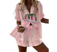 LuzoyaoLZY Conjunto de Playa de 2 Piezas para Mujer con Animal Marino Océano Langosta y Pulpo Camisa de Manga Corta con Botones y Shorts de Cintura Elástica Conjunto de Ropa de Verano para Vacaciones