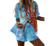 LuzoyaoLZY Conjunto de playa de 2 piezas para mujer con estampado tropical de animales: langosta y leopardo camiseta de manga corta y shorts con cintura elástica conjunto para resort