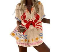 LuzoyaoLZY Conjunto de playa de 2 piezas para mujer con estampado tropical de animales: langosta y leopardo camiseta de manga corta y shorts con cintura elástica conjunto para resort