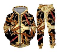 LuzoyaoLZY Lujo Patrón de Oro 3D Impreso Estilo Barroco Hombres Cremallera Chándal Set Casual Sudadera con Capucha + Pantalones Juegos de 2 Piezas Oversized Moda Ropa de Hombre