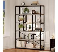 LVB Estantería industrial de 6 niveles, grande, alta, abierta, rústica, vintage, Etagere, gris, grande, ancha, moderna, de madera y metal, para el hogar, dormitorio, sala de estar, oficina