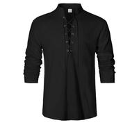LVCBL Camisa medieval para hombre, camisa de lino, estilo retro, disfraz vikingo, camisa con cordones, M-3XL, Negro , L