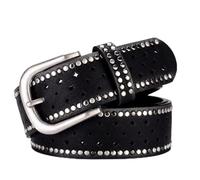 LVCHAO Cinturón de mujer con hebilla punk y remaches huecos vintage, cinturón cuero original for para Todo Tipo de Ropa(110,Black)
