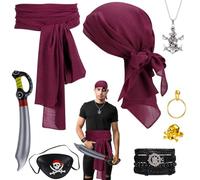 Lvefyti 8 piezas piratas disfraz accesorios mujer hombre pirata parche ojo pirata pañuelo collar collar pulsera oro anillo calavera sable pirata para carnaval, Halloween, cosplay, fiesta temática,