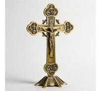 lvifloae Crucifijo católico de pie para altar 3.1" x 7.9" Crucifijo de mesa estilo dorado vintage Cruz inspiradora decoración del hogar, de boda católico, regalos devotos, hecho de metal (Bronce)