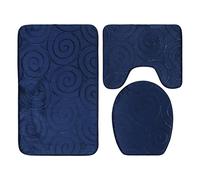 lvifloae Navy Blue Bathroom Mat Set Stone Embossed Soft Absorbent Toilet Lid Cover Bathtub Side Floor Mats Non Slip PVC Bottom Polyester Carpet Kit (Navy Blue)