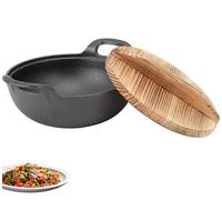 lvifloae Wok con tapa, wok de hierro fundido con 2 asas, tapa de madera, sartén, sin recubrimiento, para saltear, asar, cocinar al vapor (25 cm)