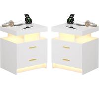 Lvifur 2xLED Mesita de Noche con Carga inalambrica, función de Sensor Humano de mesita de Noche Inteligente con Carga USB, 3 Colores Regulable mesita de Noche de Alto Brillo con 2 cajones,Blanco