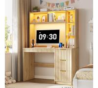Lvifur - Escritorio de ordenador con puerto de carga USB y luces LED para dormitorio, sala de estar, mesas de ordenador de oficina, 55 x 100 x 168 cm, con 3 cajones y 2 tomas de corriente para oficina