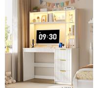Lvifur - Escritorio de ordenador con puerto de carga USB y luces LED para dormitorio, sala de estar, mesas de ordenador de oficina, 55 x 100 x 168 cm, con 3 cajones y 2 tomas de corriente para oficina