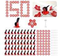 Lvjkes 150 Piezas Niveladores de azulejos kit, 2 en 1 Pulsador cuñas niveladoras suelo, Con herramienta de fijación de 5 esquinas, Pasador de acero de repuesto, Para azulejos (Rojo & Negro)