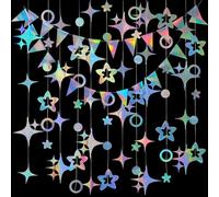 Lvjkes 3 Piezas Guirlande Papier ilusión holográfica, Guirnalda de Estrellas de Cuatro y Cinco Puntas, Guirnalda de Banderas Triangulares, para decoración de Fiestas, Bodas, cumpleaños