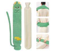Lvjkes Bolsa Agua Caliente Larga, Bolsa de Agua Ccaliente, 1.5 Litros 72x12cm Bolsa de Agua Caliente de Felpa con Tapa,Extraíble Para Limpieza,Adecuado para cuello,abdomen y espalda (Verde/Dinosaurio)