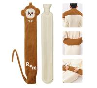 Lvjkes Bolsa Agua Caliente Larga, Bolsa de Agua Ccaliente, 2 Litros 72x12cm Bolsa de Agua Caliente de Felpa con Tapa, Extraíble Para Limpieza, Adecuado para cuello, abdomen y espalda (Marrón/Mono)