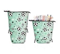 Lvjkes Estuche telescópico 2 en 1 y portalápices, Estuche con Cremallera, portalápices de pie, para niños, Adolescentes y Escolares, para Uso Escolar (Verde Menta con Motivos de fútbol)