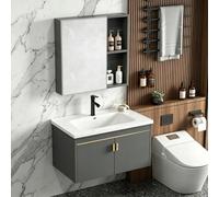 LVRUIEDS Mueble De Baño Mural Gris con Lavabo Y Armario Espejo, Mueble Dos Puertas Cierre Amortiguado, Conjunto Completo para Aseo Cuarto(70x47CM)