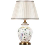 LVSEWOA Lámpara de Mesa de cerámica Pintada a Mano de Estilo Chino con Pantalla de Tela, Elegante lámpara LED con diseño Floral y de pájaros para la decoración de la Sala de Estar y la Oficina.