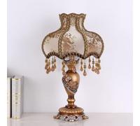 LVSEWOA Lámpara de Mesa Victoriana Vintage con Flecos de Cuentas, Pantalla de Tela marrón, diseño Floral, iluminación Europea para mesita de Noche, Elegante Encaje, 1 Cabezal (marrón)