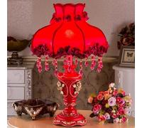 LVSEWOA Lámpara de Mesa Victoriana Vintage con Flecos de Cuentas, Pantalla de Tela marrón, diseño Floral, iluminación Europea para mesita de Noche, Elegante Encaje, 1 Cabezal (Rojo)