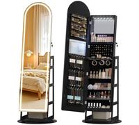 LVSOMT LED 360° Giratorio Espejo Joyero de Pie, Madera Armario con 3 Luces, Regalos para Mujeres, Negro