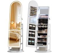 LVSOMT LED 360° Giratorio Espejo Joyero de Pie, Madera Armario Joyero con Espejo, Espejo Joyero con Bloqueable, Espejo de Pie Cuerpo Entero Joyero con 3 luces colors, Regalos para mujes, blanco