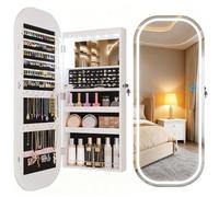 LVSOMT LED Espejo Joyero de Pared, Armario Joyero con Espejo Oval, Blanco