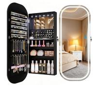 LVSOMT LED Espejo joyero de pared, Armario joyero con Espejo Oval, Montado en puerta/pared, Espejos de cuerpo entero con 3 Luces, Madera Joyería Espejos Armario Colgante, Organización de joyas, Negro