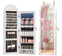 LVSOMT LED Espejo Joyero de Pared, Arqueado Espejo Joyero con Cerradura, Moderno Armario Joyeros Colgante con Espejos de Arco, Montaje puerta o pared, 3 Color Luz, Gancho de puerta Ajustable, Blanco