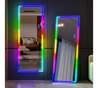 LVSOMT RGB Espejo de pie Cuerpo Entero, 153x50cm Espejo de Cuerpo Entero con luz LED, Espejos Grande de Pared Rectángulos, Moderno Espejos Vestidor Dormitorio, 7 Colores+7 Modos Luces Colores, Negro