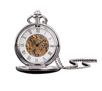 LVUNZJCA Reloj de bolsillo para hombre, clásico, clásico, plateado, romano, mecánico, doble abierto, para hombres y mujeres, para cumpleaños, plata, talla única