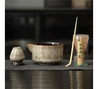 LVYUDS Bambú Te Matcha Kit, Hecho a Mano Cuchara Cerámica Horno Ru Cuenco de Matcha Soporte Japonés Kit de Matcha Juego de 4 Piezas Fiesta del Té Amantes Regalo Imprescindible(Brown)