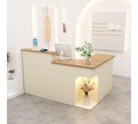 LVYWEX Mostrador de Recepción, Mesa de Mostrador con Cajones De Almacenamiento Y Estantes Abiertos, para Salones(Wood+Off-White righ,220cm)