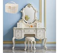 LVYWEX Tocador De Maquillaje, Escritorio Vintage Europeo con Espejo Y Taburete Acolchado, 3 Modos De Iluminación Y Neceser