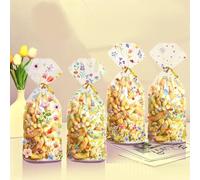 LVZGCXPO 50 bolsas de papel de cristal de flores silvestres, 4 bolsas de plástico transparente con diferentes diseños de flores, 50 nudos trenzados, adecuadas para cumpleaños, baby showers, bodas y