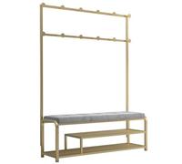 LWJSOCP Banco Perchero 3 en 1 para recibidor con cojín, Zapatero y 12 Ganchos. Estructura metálica. Estante de 2 Niveles. Zapatero para salón y recibidor. Elegante Acabado Dorado. 100 x 35 x 175 cm.