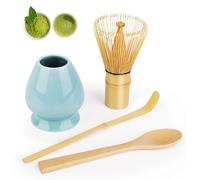 LWMTT 4 Piezas Matcha Kit, Batidor de Bambú de 80 Varillas, 2 Cuchara de Té, Porta Batidor, Matcha Set Perfecto para Regalos de Cumpleaños y Navidad - Azul