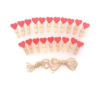 LWR CRAFTS Mini pinzas para la ropa de madera con corazón rojo 20 piezas y cordón de yute 20cm